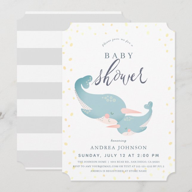 Narwhals Watercolor Grey Baby Shower Invitation (Front/Back)