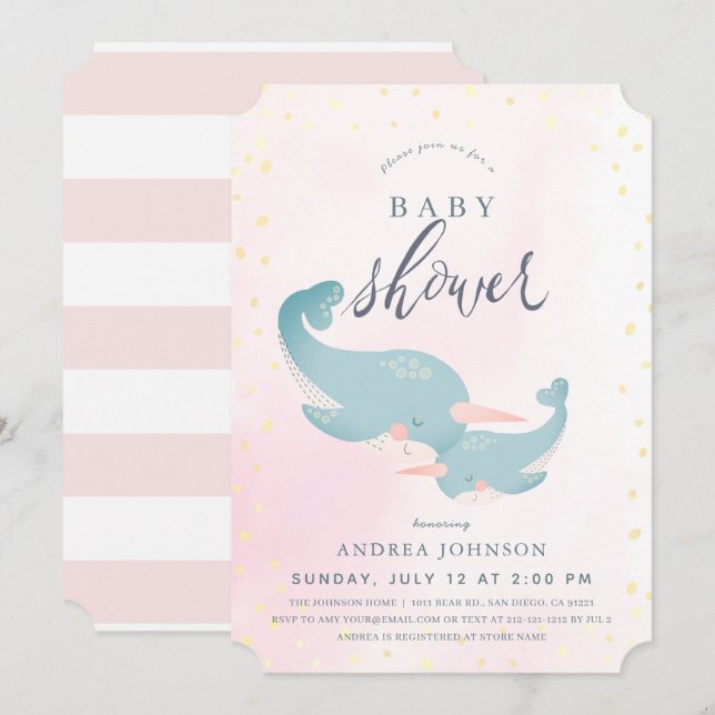 Narwhals Watercolor Pink Girl Baby Shower Invitation (Front/Back)