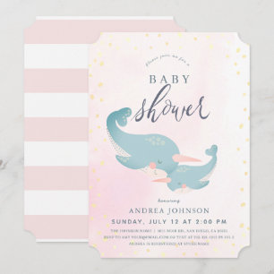 Narwhals Watercolor Pink Girl Baby Shower Invitation