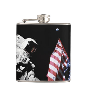 NASA Apollo 17 Astronaut Flag Earth Moon Photo Hip Flask
