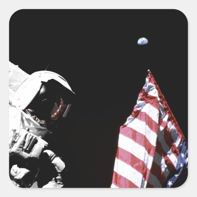 NASA Apollo 17 Astronaut Flag Earth Moon Photo Square Sticker (Front)