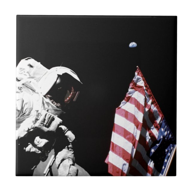NASA Apollo 17 Astronaut Flag Earth Moon Photo Tile (Front)