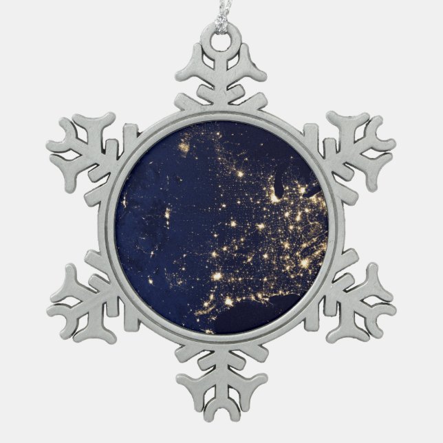 Nasa Lights from Space USA Snowflake Pewter Christmas Ornament (Front)
