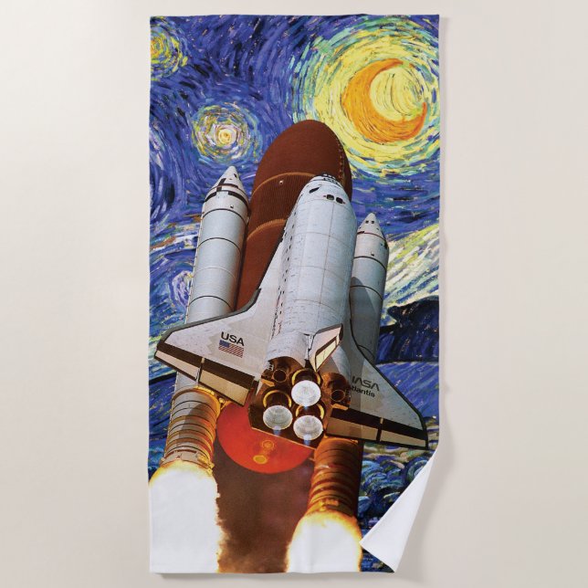 NASA Space Shuttle Launch Van Gogh Starry Night Beach Towel (Front)
