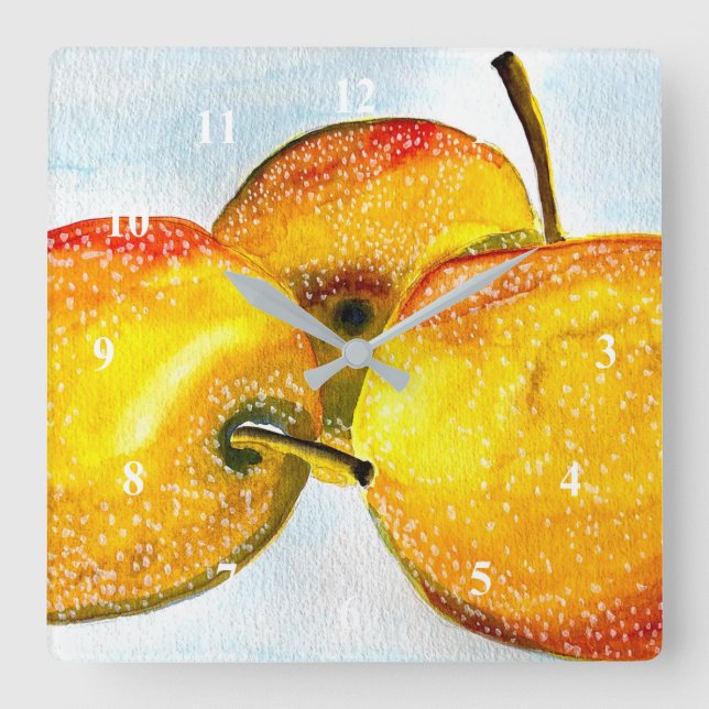 Nashi pears yellow watercolor fruit square wall clock (Front)