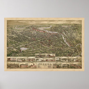 Nashua NH panoramic birdseye view 1883 Poster