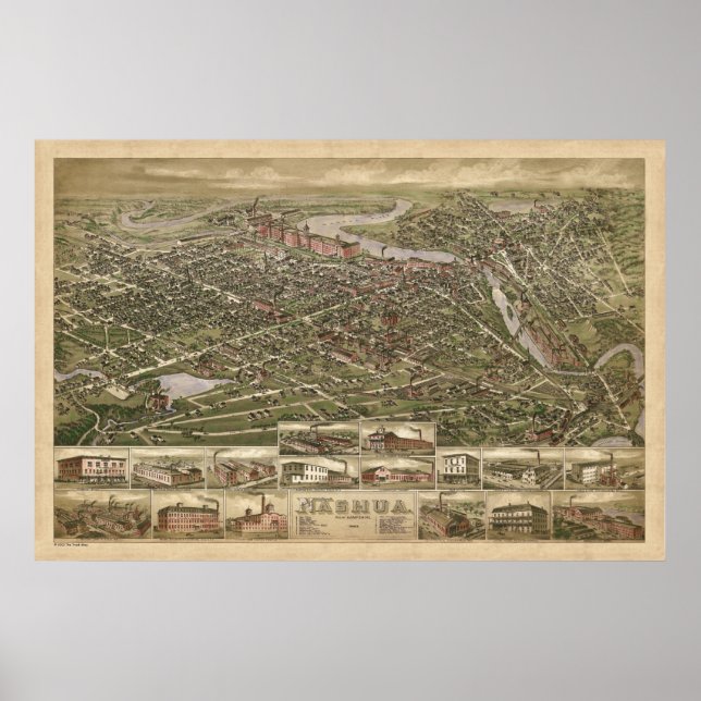 Nashua NH panoramic birdseye view 1883 Poster (Front)