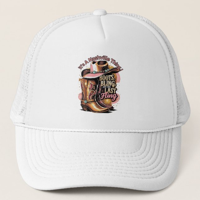 Nashville Bachelorette Party - Boots and Bling Trucker Hat (Front)
