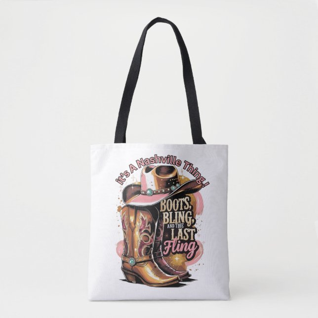 Nashville Bachelorette Party -“Boots, Bling, " Tote Bag (Front)