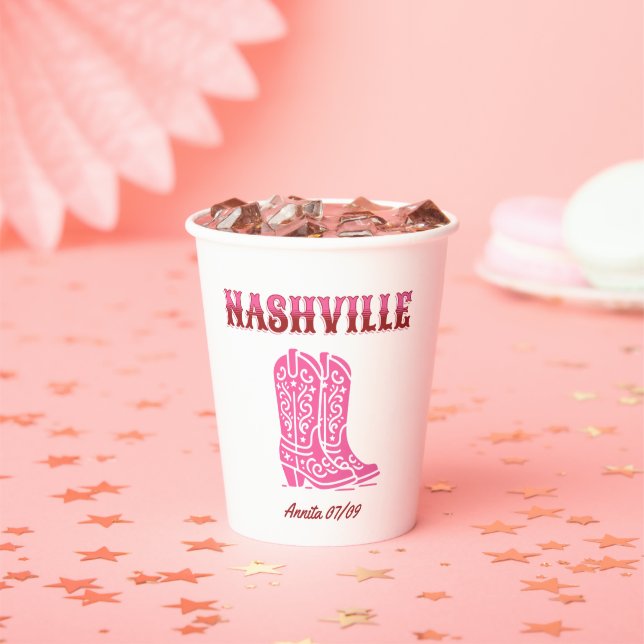 nashville bachelorette party country pink boots paper cups (Insitu)