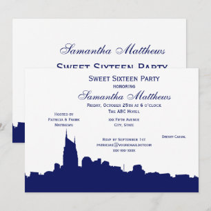 Nashville Black Skyline Silhouette Sweet 16 Blue Invitation