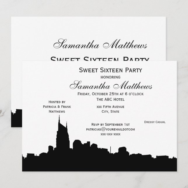 Nashville Black Skyline Silhouette Sweet 16 Invitation (Front/Back)
