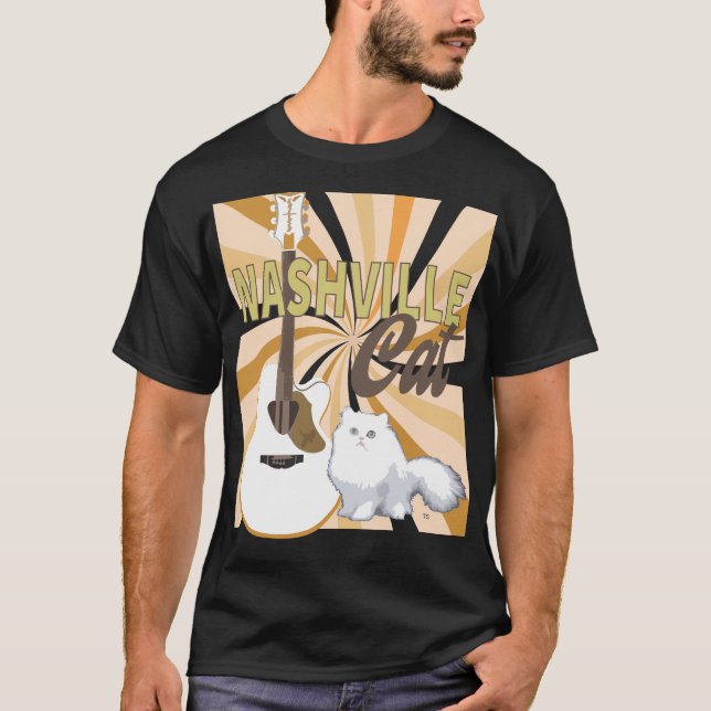 Nashville Cat White Persian with White F Guitar T-Shirt (Front)