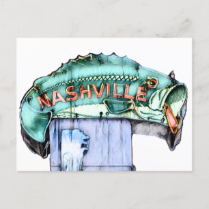 Nashville Fisherman Neon Sign Fish Watercolor Postcard