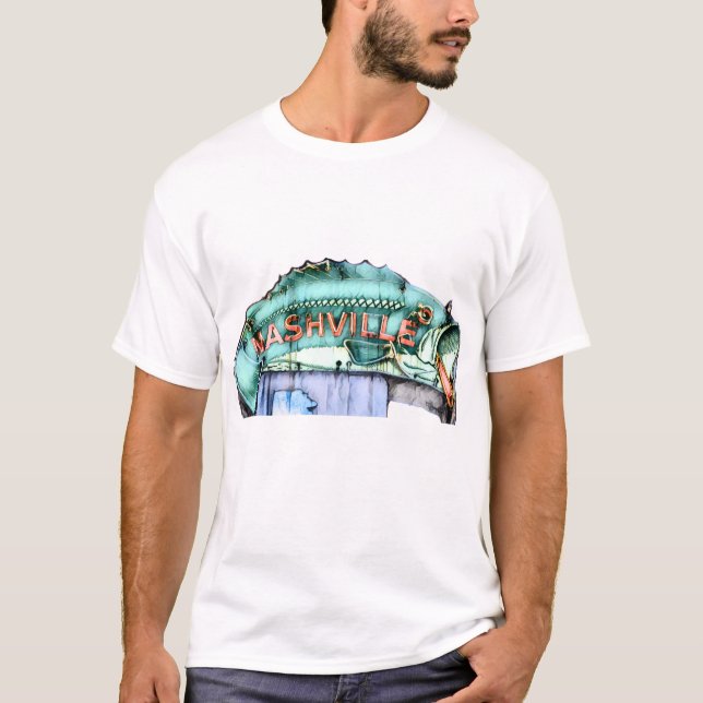 Nashville Fisherman Neon Sign Fish Watercolor T-Shirt (Front)
