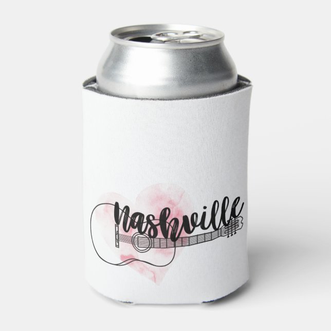Nashville Guitar watercolor heart design Can Cooler (Can Front)