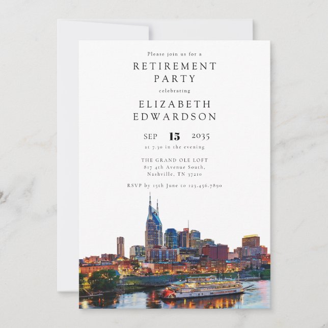 Nashville Riverfront Skyline Retirement Party Invitation (Front)