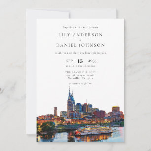 Nashville Riverfront Watercolor All In One Wedding Invitation