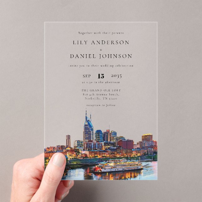 Nashville Riverfront Watercolor Elegant Wedding Acrylic Invitations (Insitu (Handheld))
