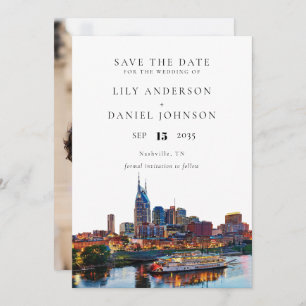 Nashville Riverfront Watercolor Photo Wedding Save The Date