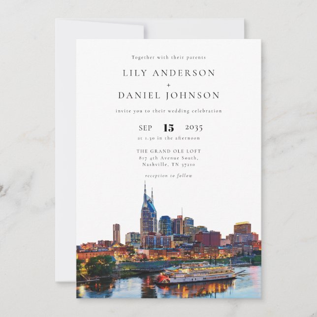Nashville Riverfront Watercolor QR Code Wedding Invitation (Front)