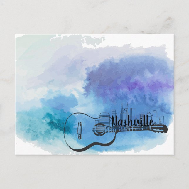 Nashville Skyline Guitar Watercolor Design Postcard (Front)