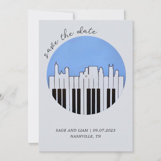 Nashville Skyline Piano Music Record Save the Date Invitation (Front)