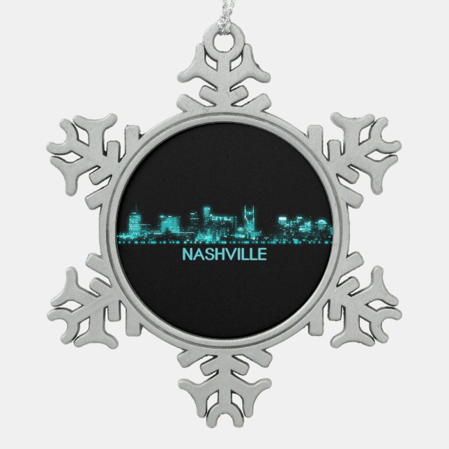 Nashville Skyline Snowflake Pewter Christmas Ornament (Front)