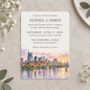 Nashville Skyline Watercolor Riverfront Wedding Invitation