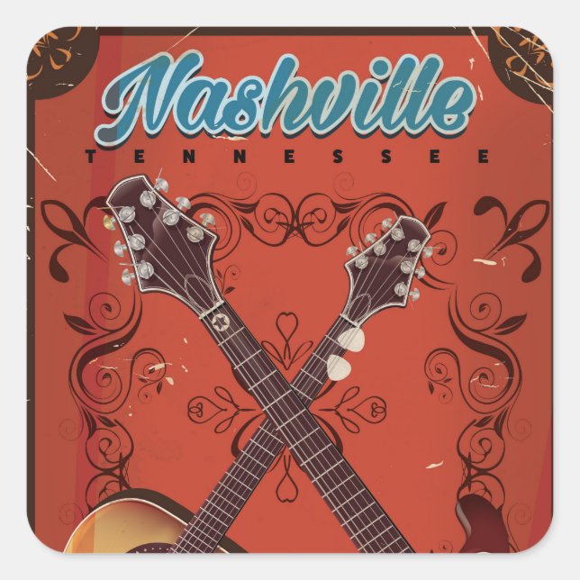 Nashville, Tennessee Guitar vintage travel poster Square Sticker (Front)