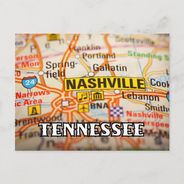 Nashville Tennessee Map Postcard (Front)