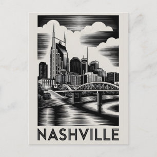 Nashville Tennessee Skyline Black White Woodcut Postcard