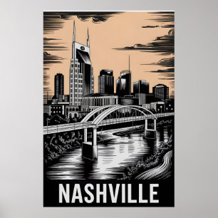 Nashville Tennessee Skyline Black White Woodcut Poster