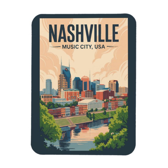 Nashville Tennessee Skyline Travel Art Vintage Magnet (Vertical)