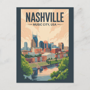 Nashville Tennessee Skyline Travel Art Vintage Postcard