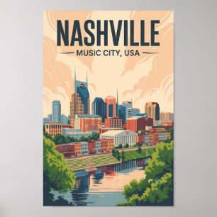Nashville Tennessee Skyline Travel Art Vintage Poster
