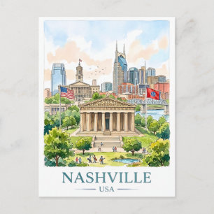 Nashville Tennessee Travel Watercolor Cityscape Postcard