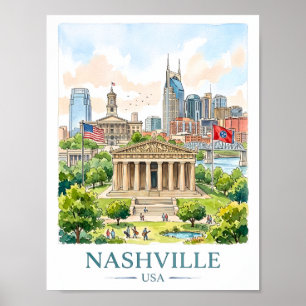 Nashville Tennessee Travel Watercolor Cityscape Poster