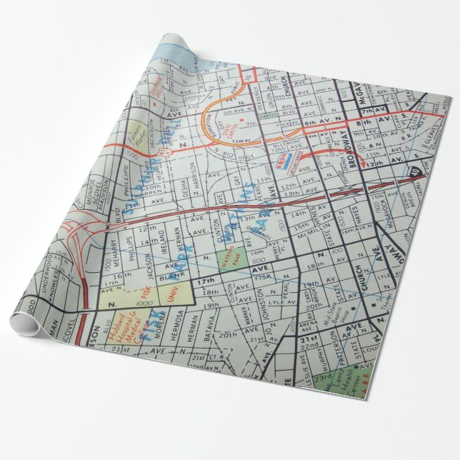 NASHVILLE Vintage Map Wrapping Paper (Unrolled)