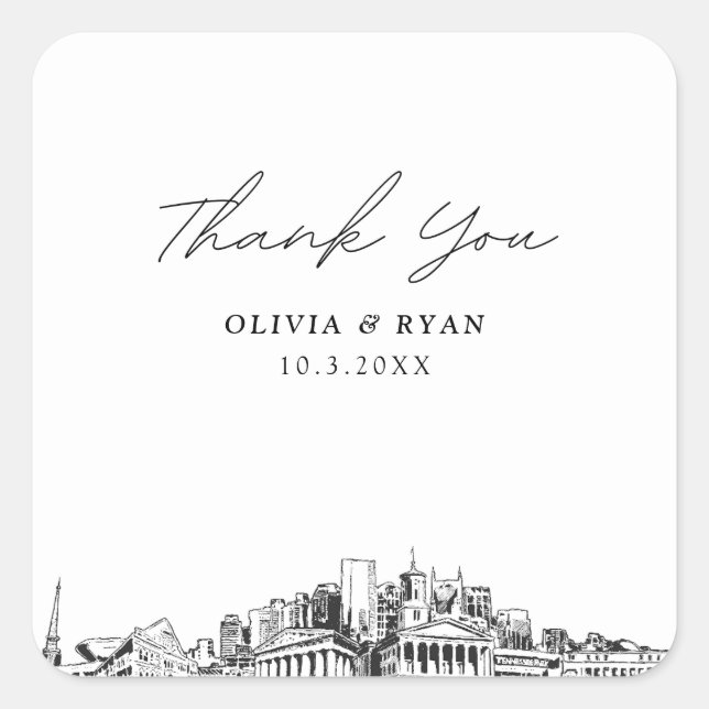 Nashville Wedding Landmarks Favour Thank You Square Sticker (Front)