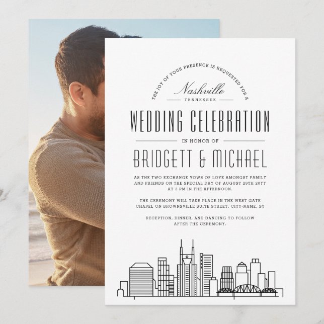 Nashville Wedding | Modern Deco City Skyline  Invitation (Front/Back)