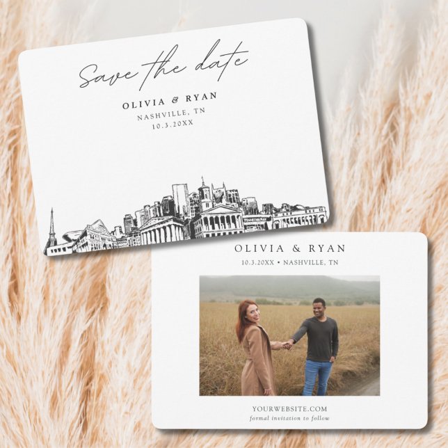 Nashville Wedding Skyline Save the Date  Invitation (Nashville wedding save the date with engagement photo and black and white skyline)