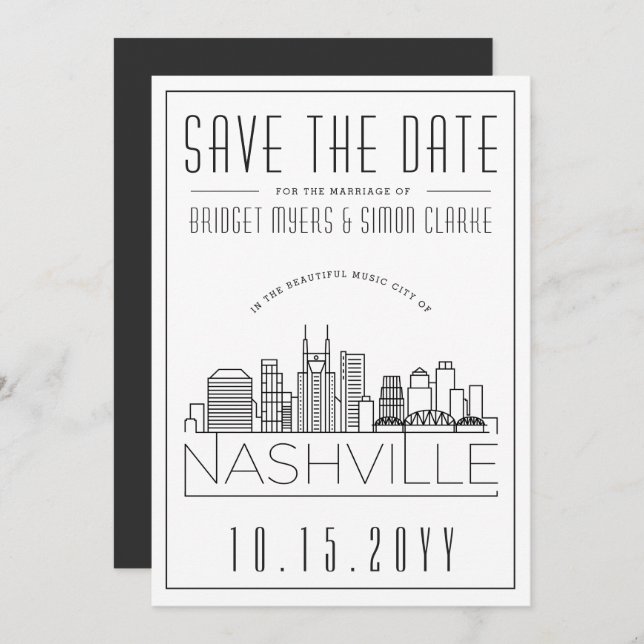 Nashville Wedding | Stylised Skyline Save the Date Invitation (Front/Back)