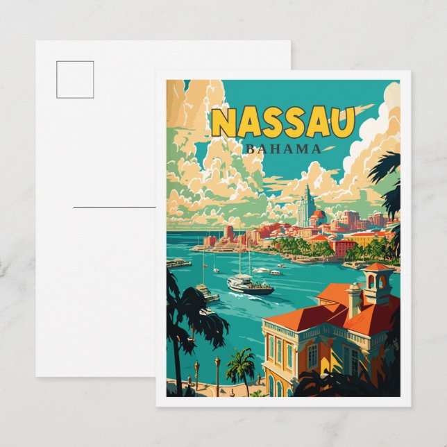 Nassau Bahama vintage travel illustration Postcard (Front/Back)