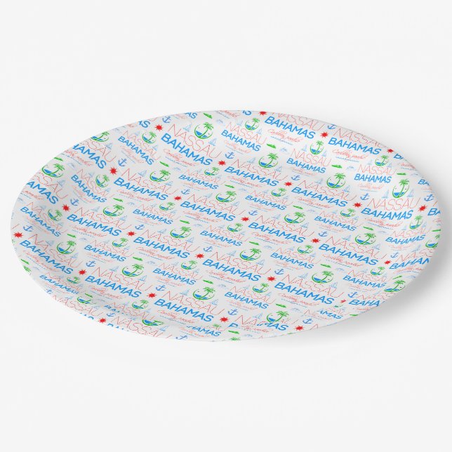 Nassau, Bahamas Colourful Text And Images Pattern  Paper Plate (Angled)