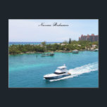 Nassau Bahamas Photography  Postcard<br><div class="desc">High definition photography of the area on the way to the port of Nassau Bahamas showing Atlantis Resort on the right in the background. Lovely boat motoring by the docks. This scene shows the many beautiful blue and turquoise colours the water of the Bahamas is known for.</div>