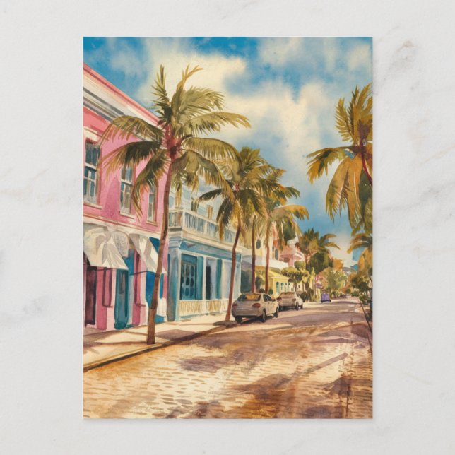 Nassau Bahamas Street Travel Art Watercolor Postcard (Front)