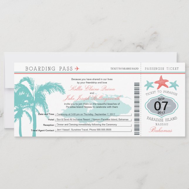 Nassau Bahamas Wedding Boarding Pass Invitation (Front)