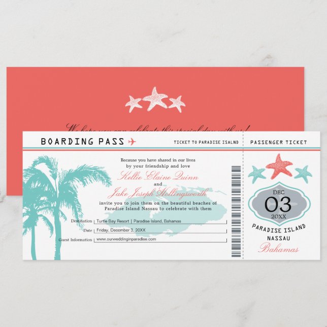 Nassau Bahamas Wedding Boarding Pass Invitation (Front/Back)
