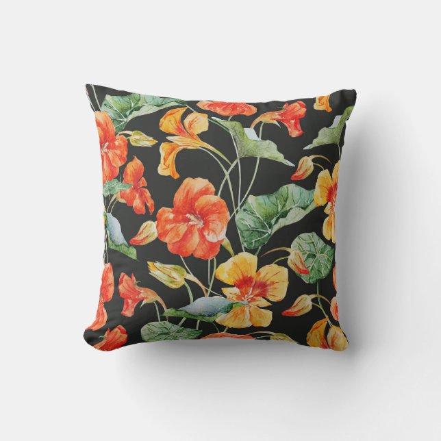 Nasturtium Orange: Watercolor Dark Pattern. Cushion (Front)